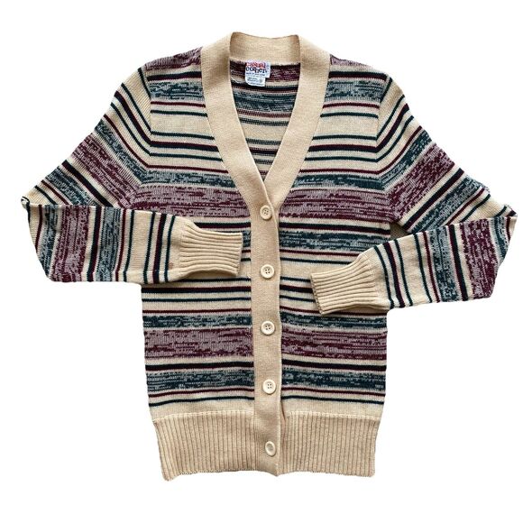 Vintage Casual Corner Striped Cardigan Sweater Medium Wool Blend Red Green - Picture 1 of 8